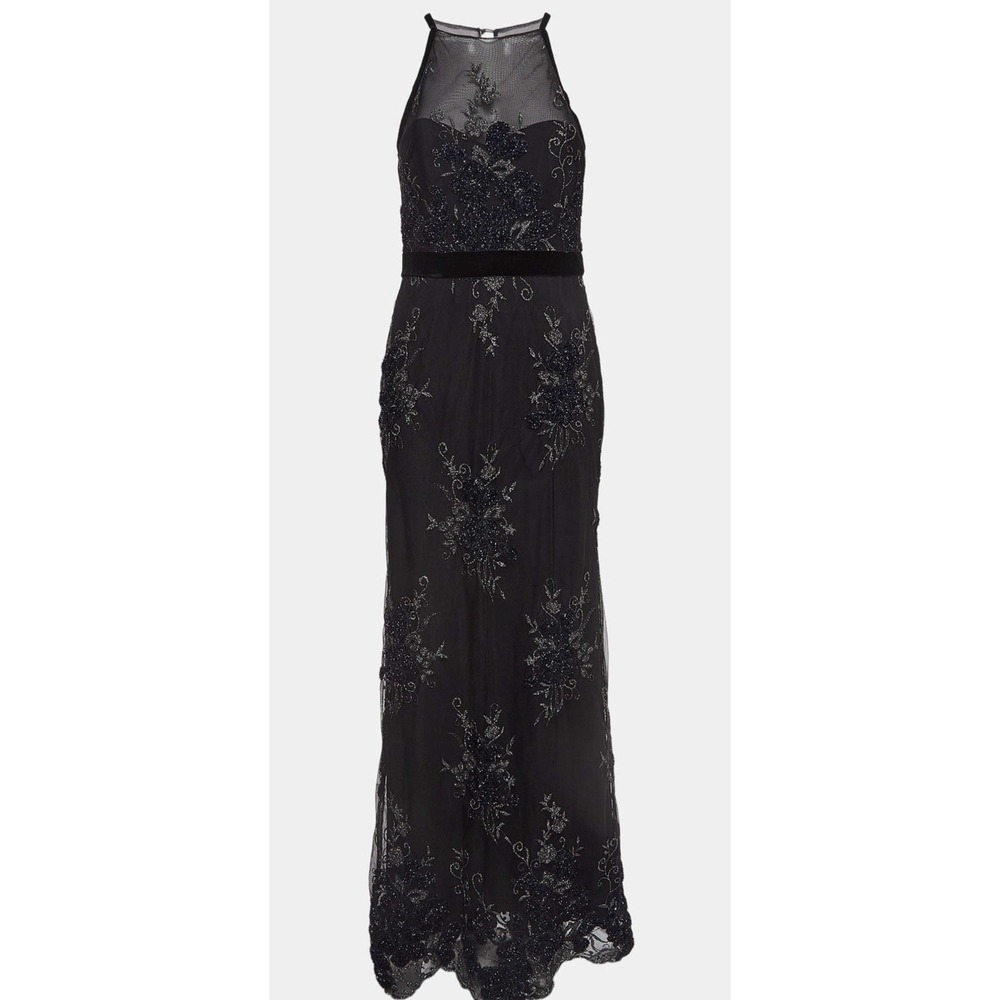 Badgley Mischka Black Embroidered Tulle Halter Neck Long Gown Size 0